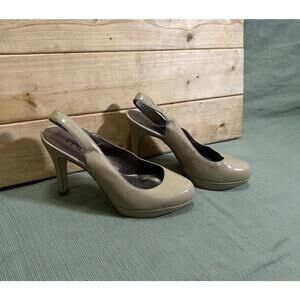 Moda Spana Heels Stilletto Nude Patent Leather Platform Slingback Sz 5.5 Party